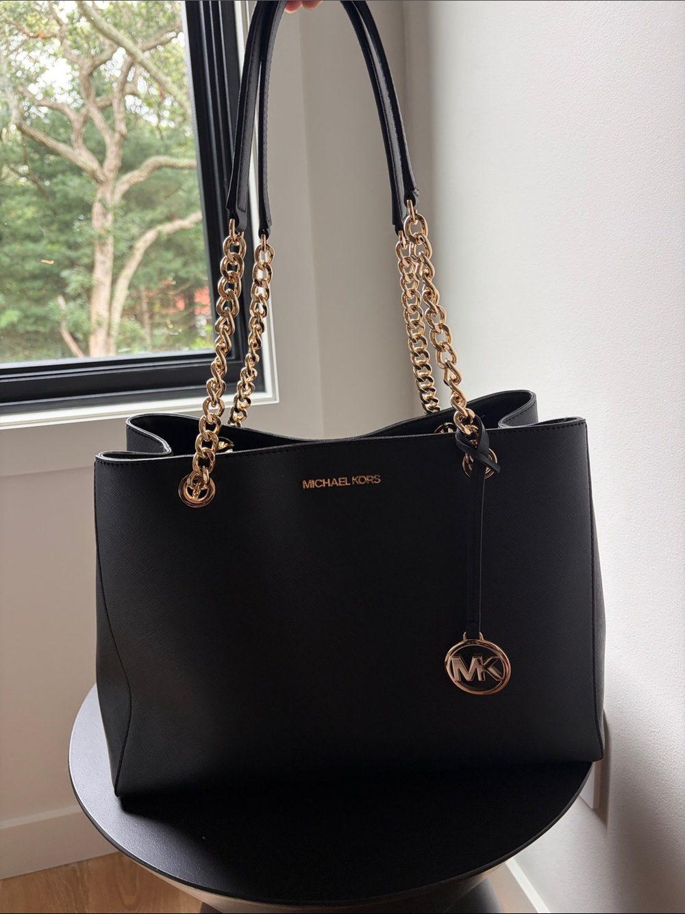 Brand New Authentic Michael Kors Black Saffiano Leather Tote with Gold Chain